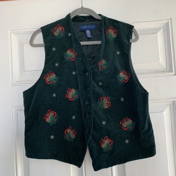 - KAREN SCOTT Christmas Vest‎ ~ Green Velvet Mistletoe Star Size Large - Picture 2 of 5